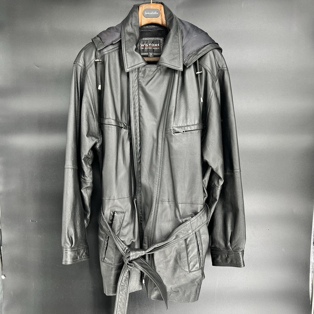 Wilson's Leather Jacket Men's Belted‎ Size XL Black Long Bomber Style